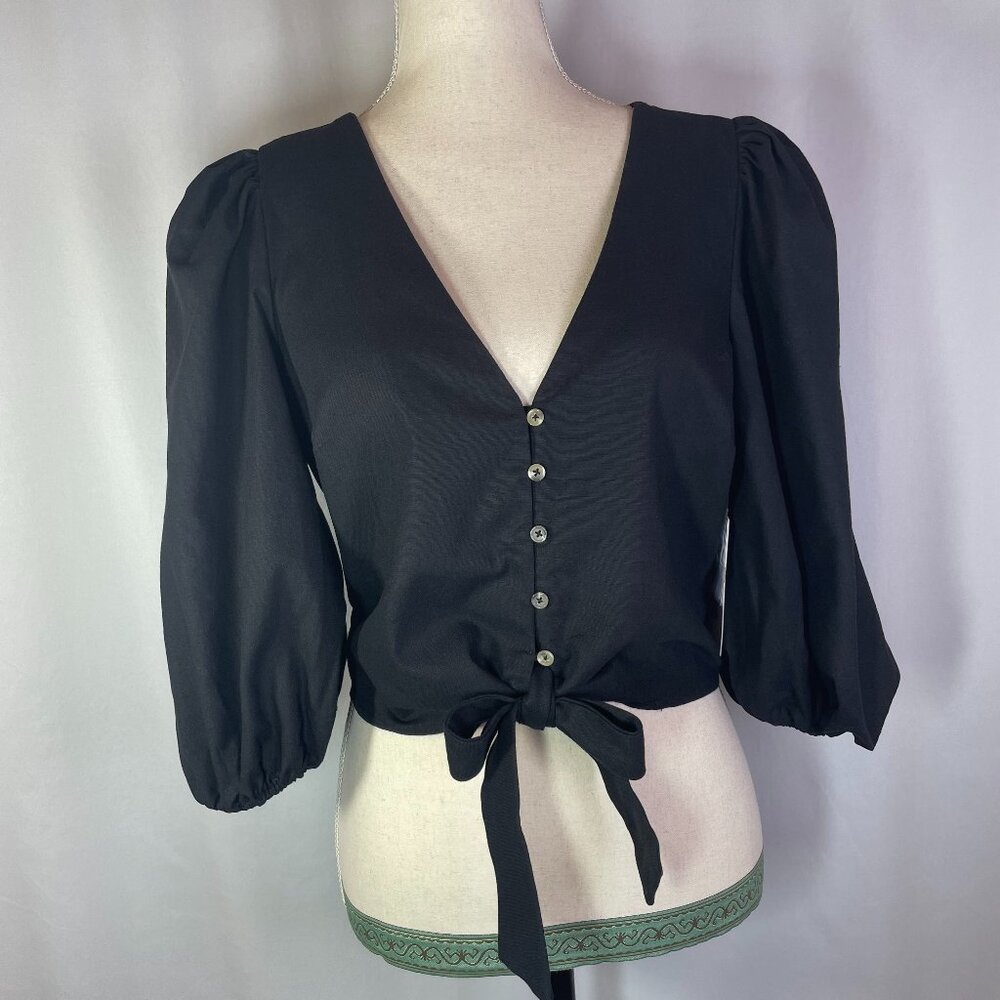 JustFab Puff Sleeve Tie Front Top Crop Top Blouse Black Linen Blend Size M - Picture 5 of 13